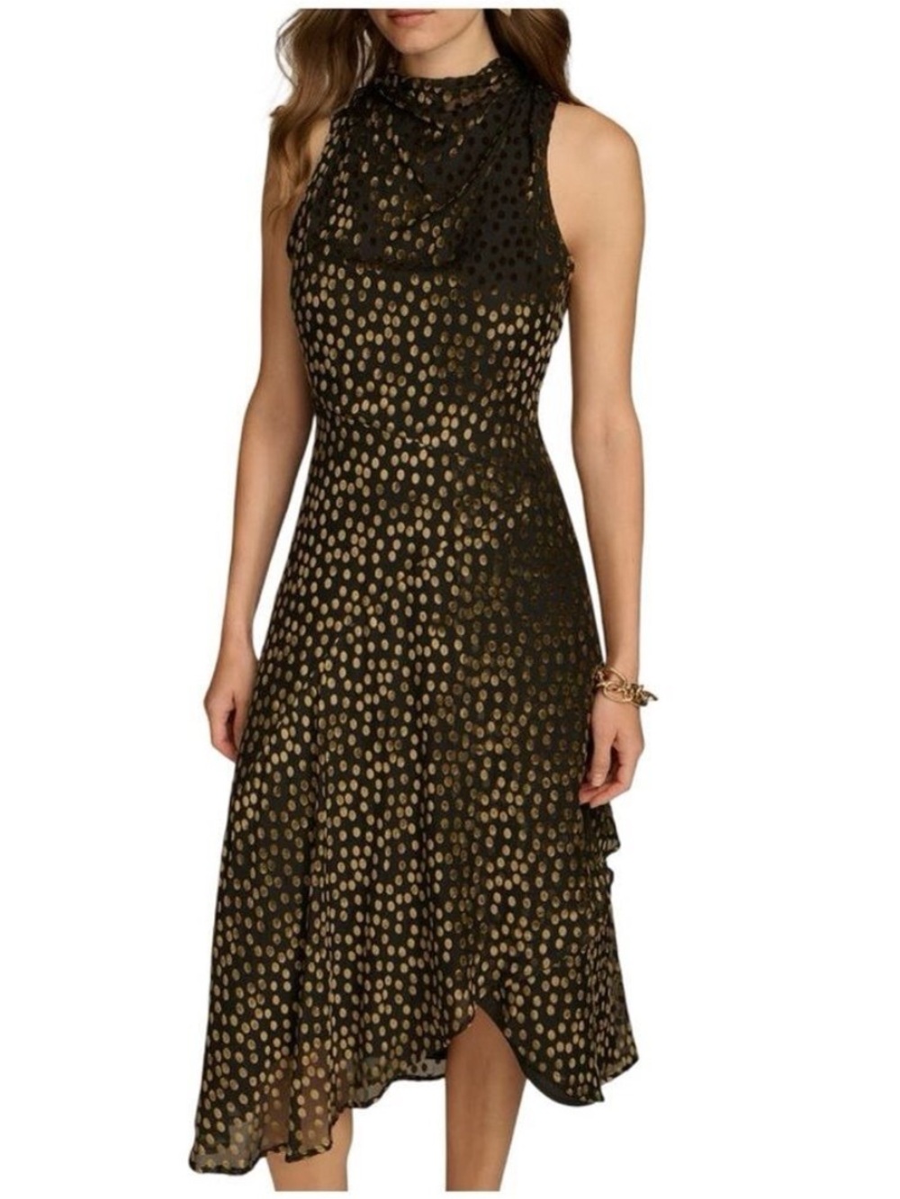 Donna Karan – Metallic Dot High-Neck Midi Dress (Size 6)